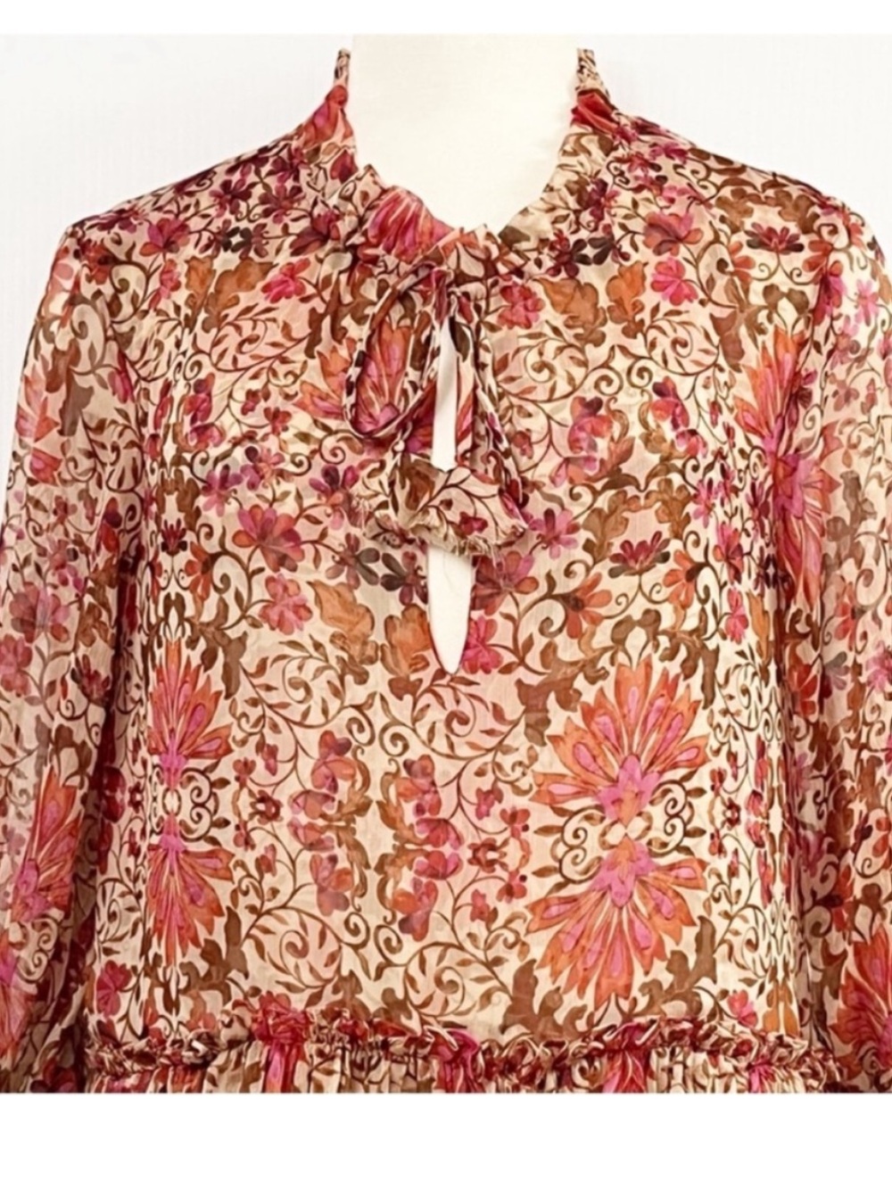 Misa Los Angeles Llanit Chiffon Floral Tie-Neck Tiered Swing Dress Pink Brown XS - Picture 6 of 13